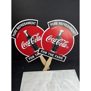 2 Coca-Cola Pure Refreshment For The Fans Coke Bottle Wood Hand Fan. Attached